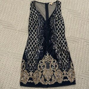 Embellished Navy & Gold Sleeveless Cocktail Dress
